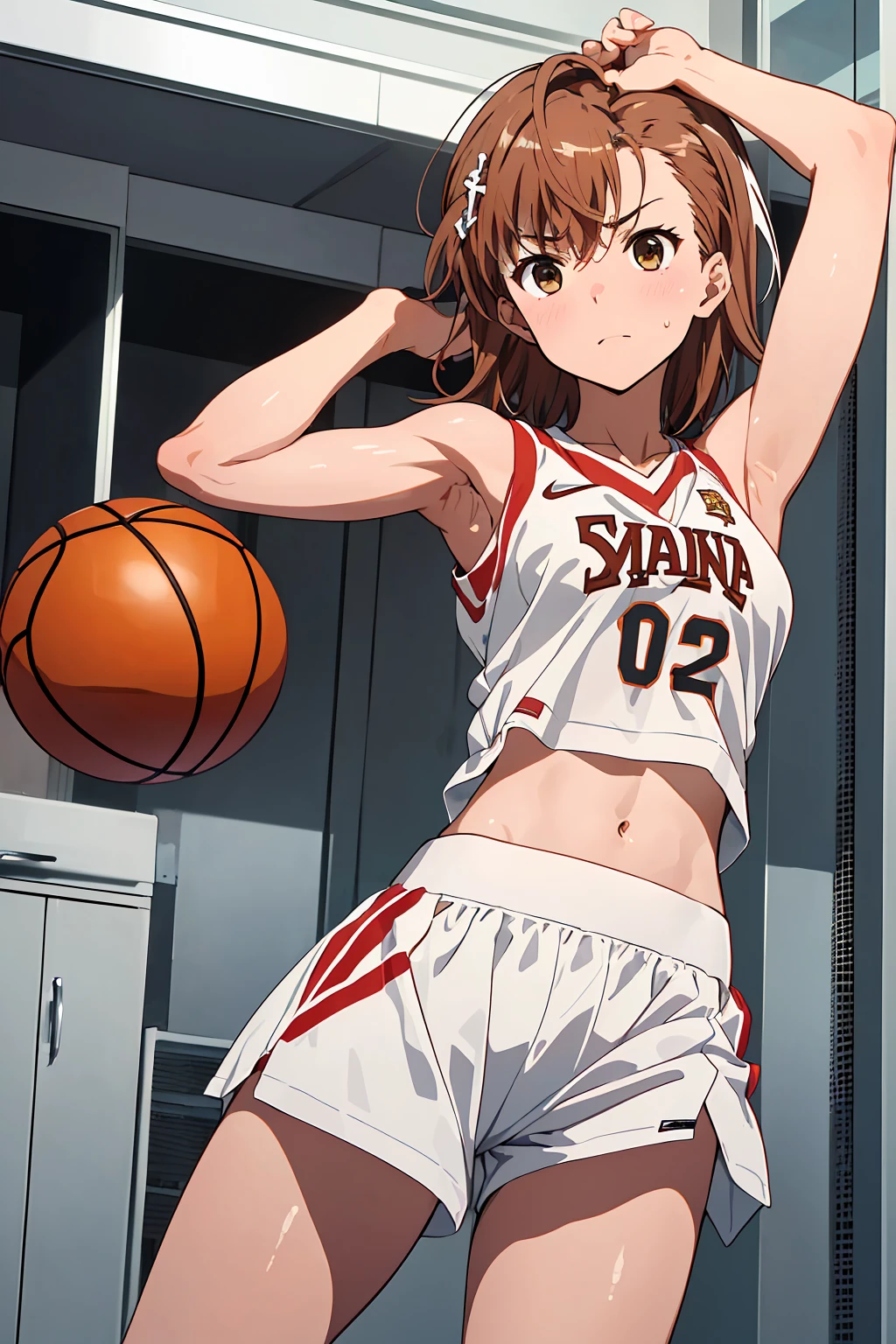 (Highest quality:1.5, High resolution, 超High resolution, 4K, Detailed lighting, Shaders), ((Misaka Mikoto)) ,Solo Shorthair Brown Hair Brown eyes Cool face ((Basketball Uniform))++ Realistic Gym Sweat Super fatty muscle Preparing for exercise No ball Sleeveless Cowboy shot, arms up Beautiful Armpits 腋Sweat Realistic locker room((((topless))))++ blush