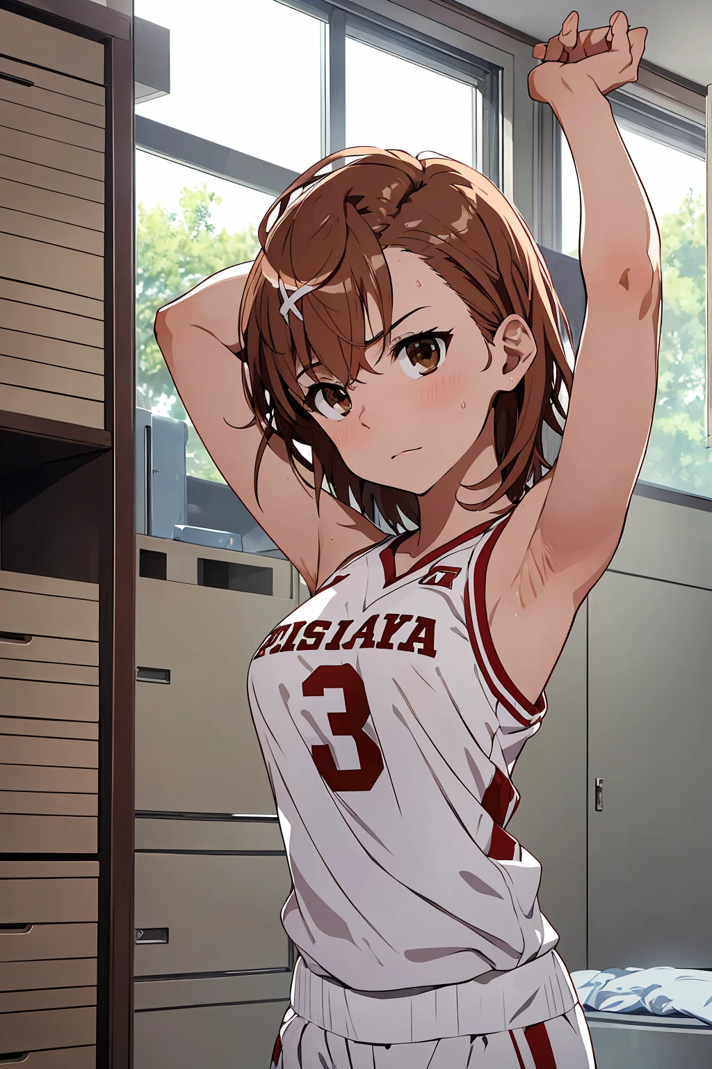 (Highest quality:1.5, High resolution, 超High resolution, 4K, Detailed lighting, Shaders), ((Misaka Mikoto)) ,Solo Shorthair Brown Hair Brown eyes Cool face ((Basketball Uniform))++ Realistic Gym Sweat Super fatty muscle Preparing for exercise No ball Sleeveless Cowboy shot, arms up Beautiful Armpits 腋Sweat Realistic locker room((((topless))))++ blush