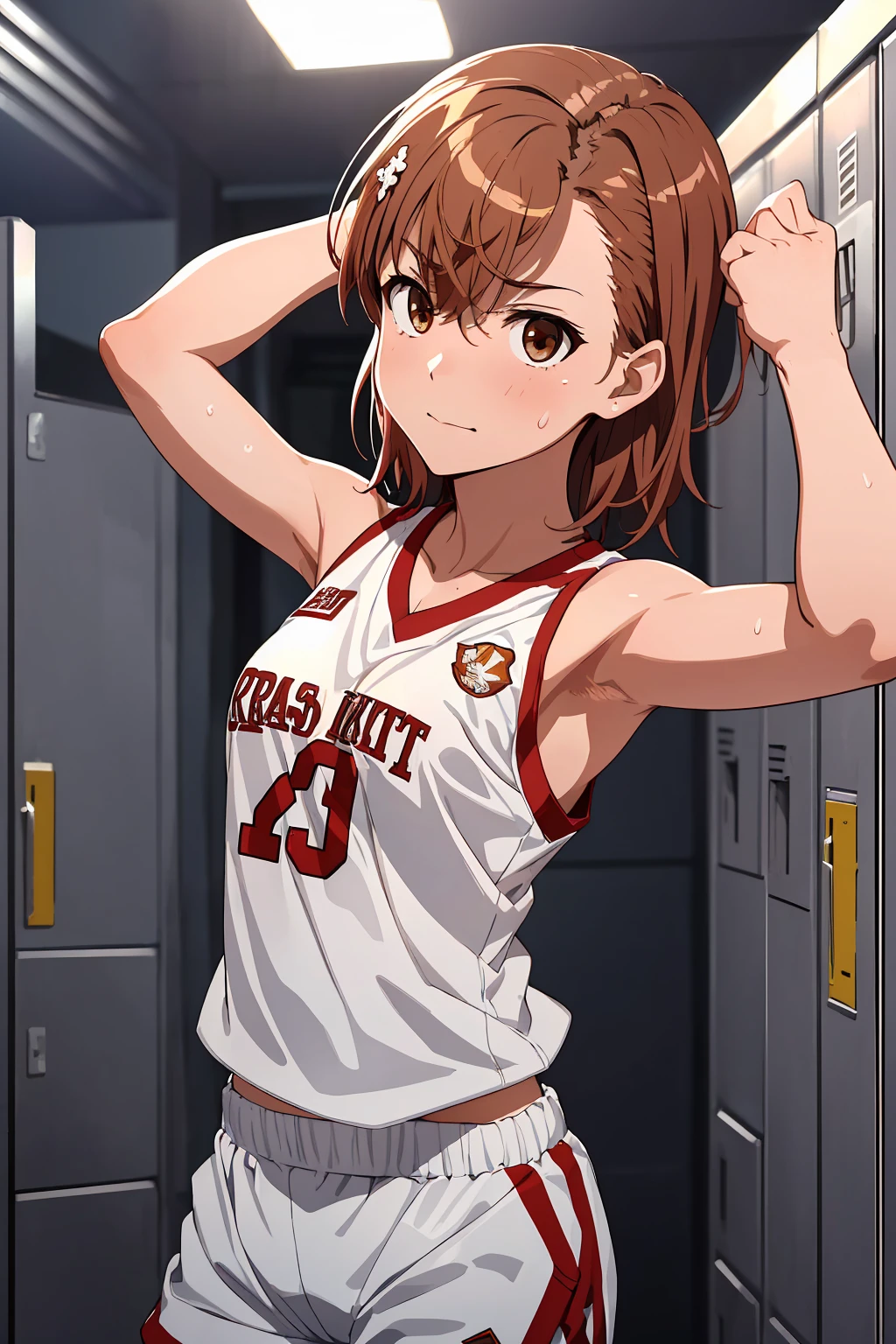 (Highest quality:1.5, High resolution, 超High resolution, 4K, Detailed lighting, Shaders), ((Misaka Mikoto)) ,Solo Shorthair　Brown Hair　Brown eyes　Cool face　　((Basketball Uniform))++　Realistic Gym　 Sweat　Super fatty muscle　　Preparing for exercise　No ball　Sleeveless　Cowboy shot, arms up　Beautiful Armpits　腋Sweat　Realistic locker room((((topless))))++　blush