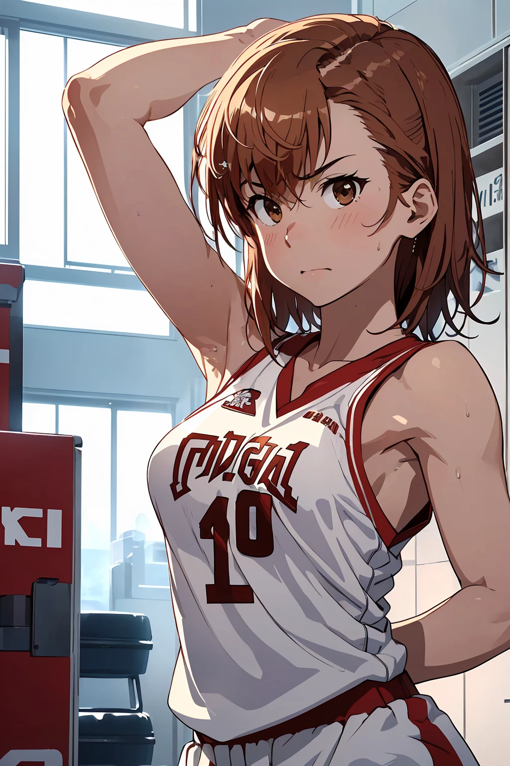 (Highest quality:1.5, High resolution, 超High resolution, 4K, Detailed lighting, Shaders), ((Misaka Mikoto)) ,Solo Shorthair　Brown Hair　Brown eyes　Cool face　　((Basketball Uniform))++　Realistic Gym　 Sweat　Super fatty muscle　　Preparing for exercise　No ball　Sleeveless　Cowboy shot, arms up　Beautiful Armpits　腋Sweat　Realistic locker room((((topless))))++　blush