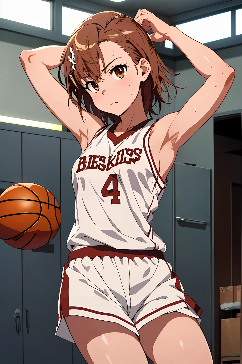 (Highest quality:1.5, High resolution, 超High resolution, 4K, Detailed lighting, Shaders), ((Misaka Mikoto)) ,Solo Shorthair Brown Hair Brown eyes Cool face ((Basketball Uniform))++ Realistic Gym Sweat Super fatty muscle Preparing for exercise No ball Sleeveless Cowboy shot, arms up Beautiful Armpits 腋Sweat Realistic locker room((((topless))))++ blush
