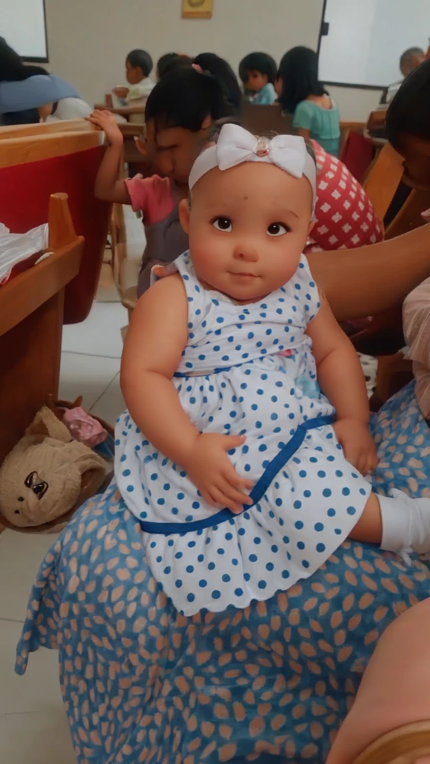 , 1 year, chubby,  complained, stretched eye, small eye, dark hair, very short hair, thinning hair, skin fair, pink dress, rolled dress, sapatos brancos, 