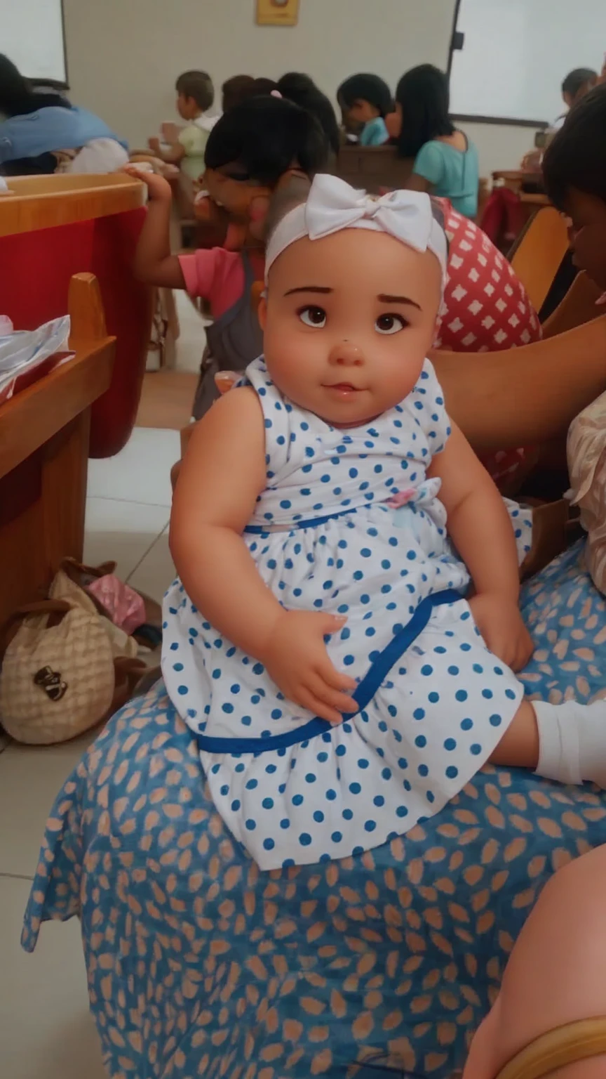, 1 year, chubby, complained, stretched eye, small eye, dark hair, very short hair, thinning hair, skin fair, pink dress, rolled dress, sapatos brancos,