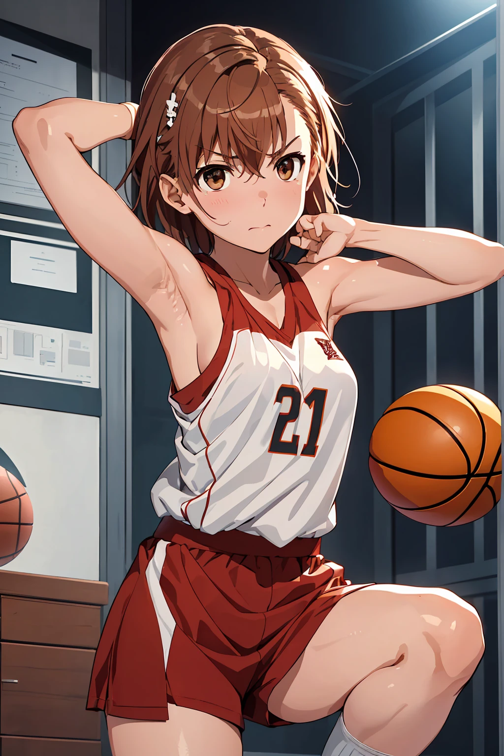 (Highest quality:1.5, High resolution, 超High resolution, 4K, Detailed lighting, Shaders), ((Misaka Mikoto)) ,Solo Shorthair Brown Hair Brown eyes Cool face ((Basketball Uniform))++ Realistic Gym Sweat Super fatty muscle Preparing for exercise No ball Sleeveless Cowboy shot, arms up Beautiful Armpits 腋Sweat Realistic locker room((((topless))))++ blush
