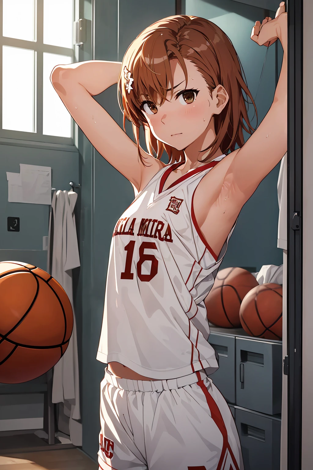 (Highest quality:1.5, High resolution, 超High resolution, 4K, Detailed lighting, Shaders), ((Misaka Mikoto)) ,Solo Shorthair　Brown Hair　Brown eyes　Cool face　　((Basketball Uniform))++　Realistic Gym　 Sweat　Super fatty muscle　　Preparing for exercise　No ball　Sleeveless　Cowboy shot, arms up　Beautiful Armpits　腋Sweat　Realistic locker room((((topless))))++　blush
