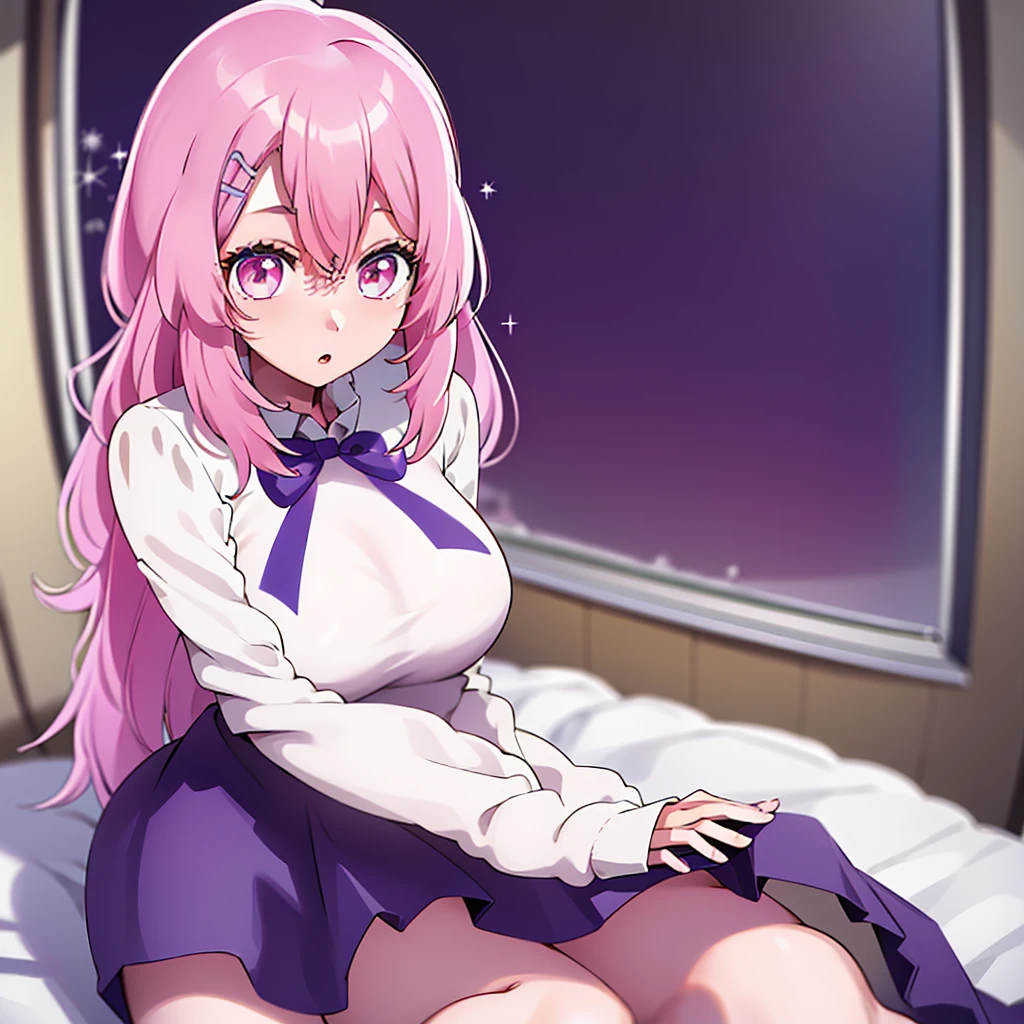 A beautiful young girl from the anime Oshi no Ko universe, ************, she have long wavy pink hair with purple eyes with star in her pupils she wear casual clothes like a sweater too long for her, a skirt and stocking, she is in her bed room sitting on her bed in front of us, she have a enormous chest