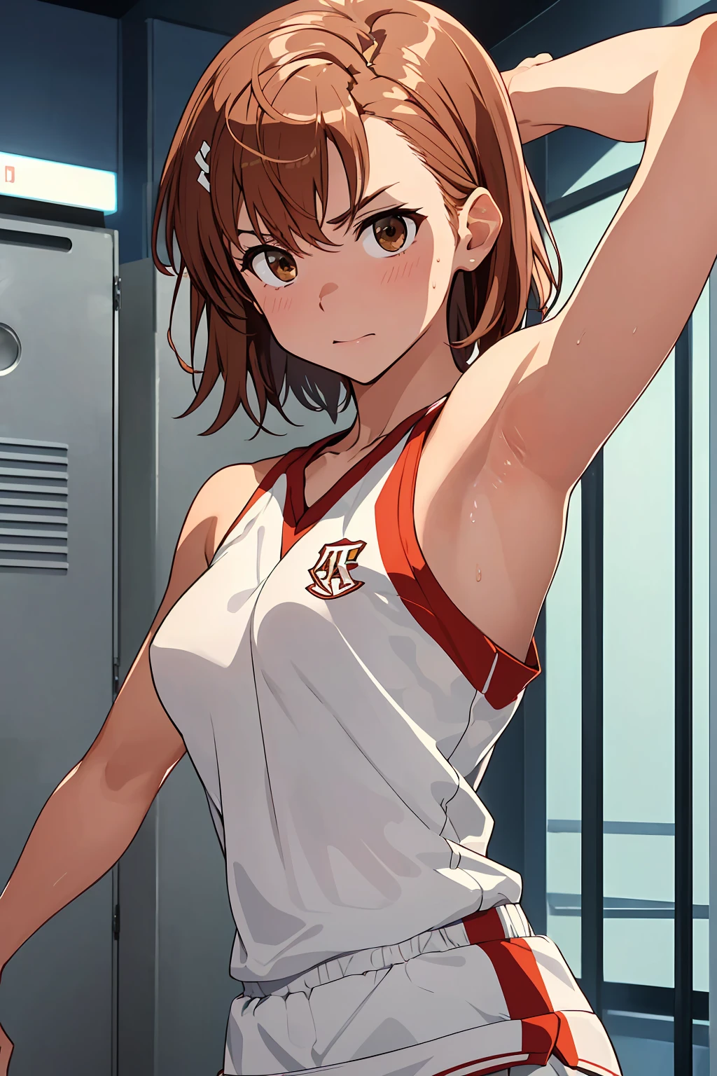 NSFW (Highest quality:1.5, High resolution, uhd, 4K, Detailed lighting, Shaders), ((Misaka Mikoto)) ,solo short hair Brown Hair Brown eyes Cool face Volleyball Uniforms Realistic gym Sweat Super oily skin Preparing for exercise No ball No sleeve Cowboy Shot: Realistic locker room blush depressed Face distorted by pleasure Resisting Pleasure Blushing cheeks wet Nipples licked Overflowing body fluids Spurting body fluids ((Lean back)) (((Ecstasy)))++ Completely naked topless
