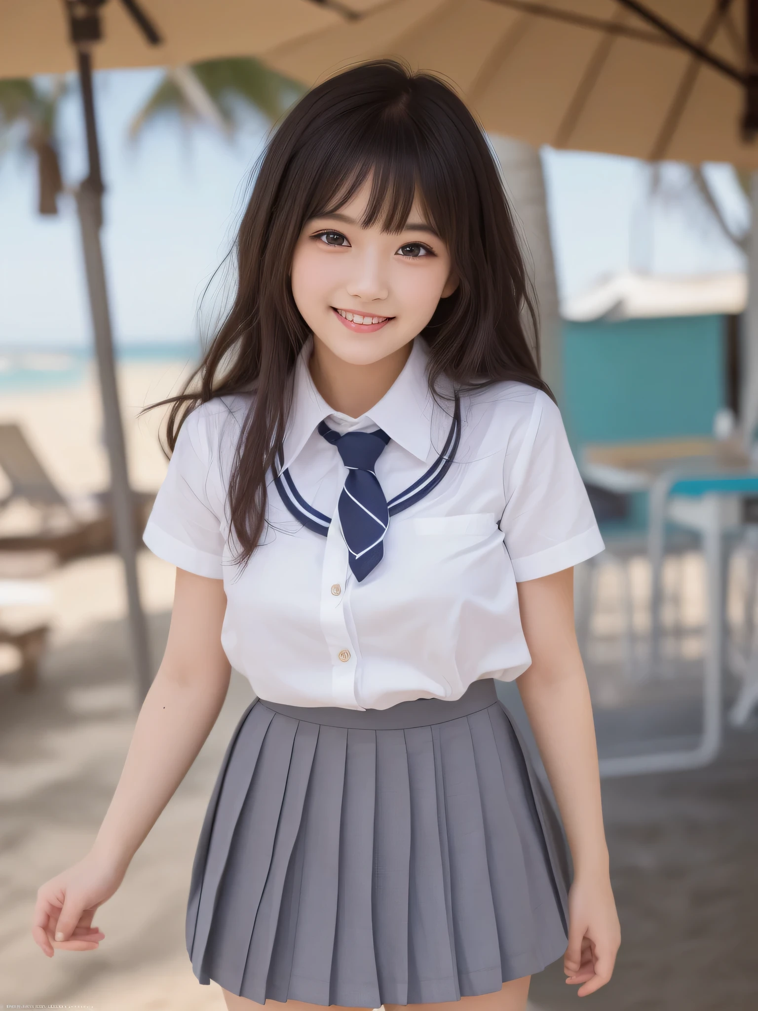 (1girl), kawaii, (round eyes:1.2), (highly detailed face and eyes), (big smile),  Amazing face and eyes, (school uniform, pleated mini skirt:1.3), (Best Quality:1.4), (Ultra-detailed), (extremely detailed CG unified 8k wallpaper), Highly detailed, High-definition raw color photos, Professional Photography, Realistic portrait, summer, (beach), (fine face:1.2),