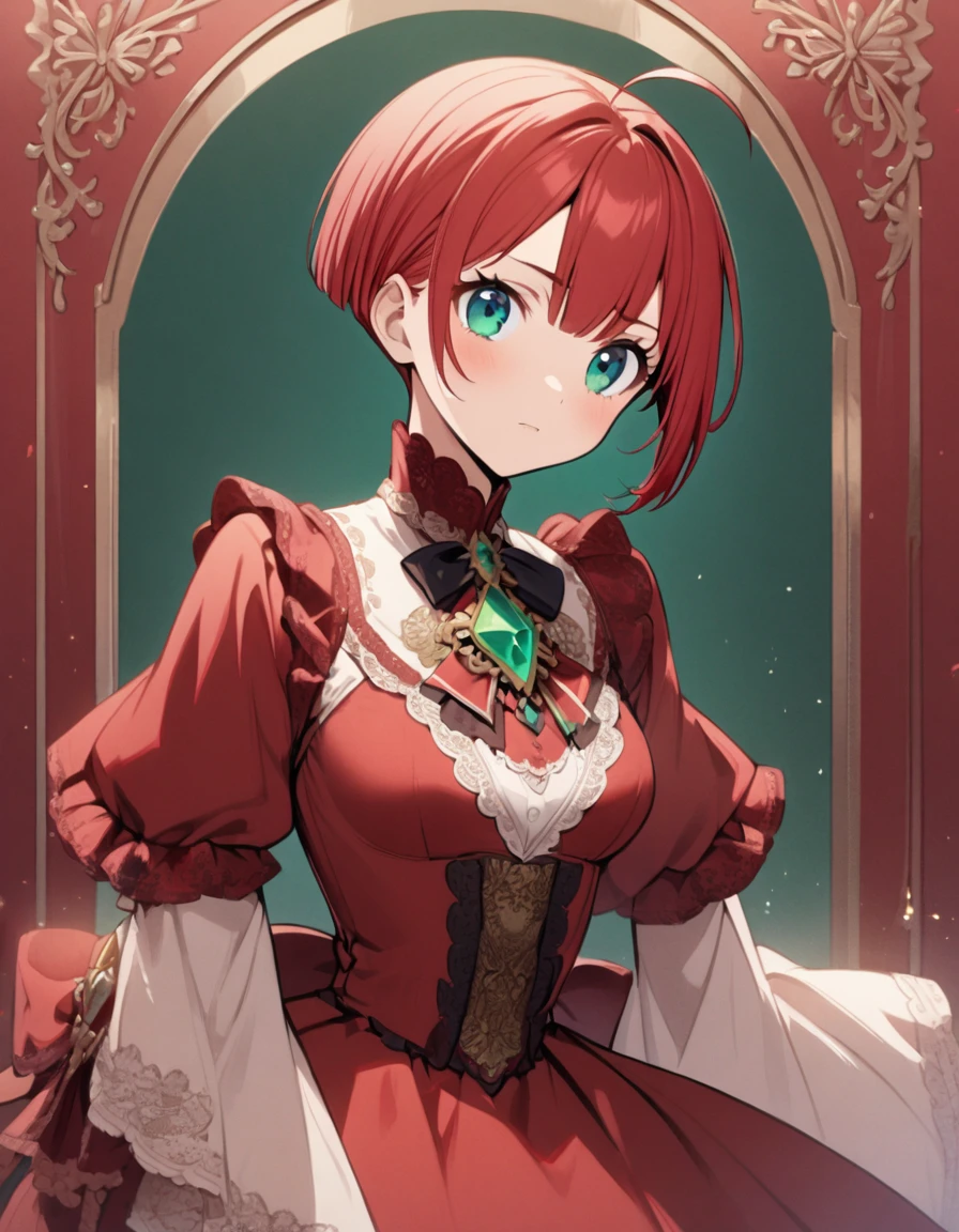 1girl,rubyred hair,bowlcut hair,half circle ahoge,blue green eyes,tareme,medium breasts,emerald brooch,red victorian dress,