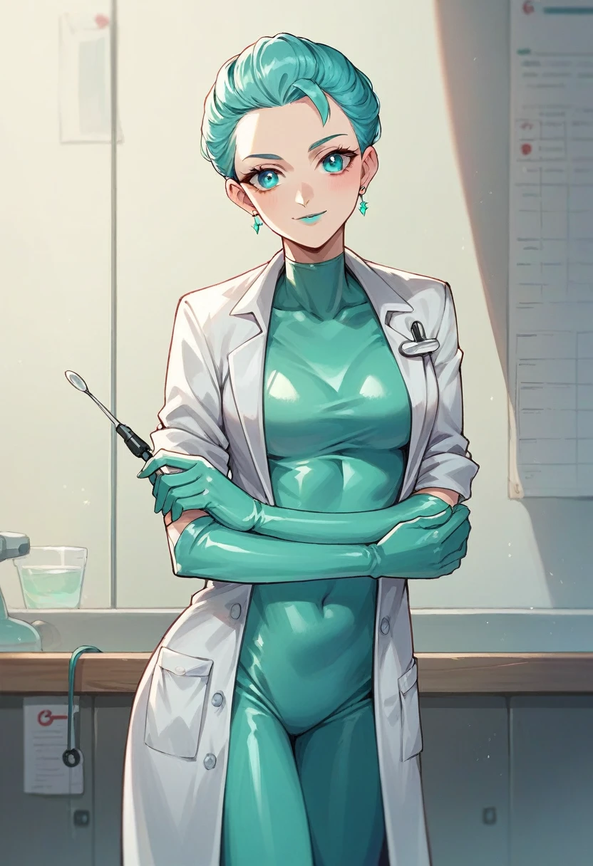 1girl, ((cyan elbow gloves)), ((surgical gloves)), ((latex gloves)), ((long sleeves)) ((pink surgeon outfit)), looking at viewer, ((doctor)), standing, solo