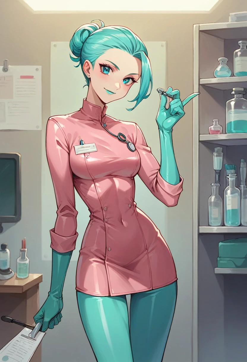 1girl, ((cyan elbow gloves)), ((surgical gloves)), ((latex gloves)), ((long sleeves)) ((pink surgeon outfit)), looking at viewer, ((doctor)), standing, solo