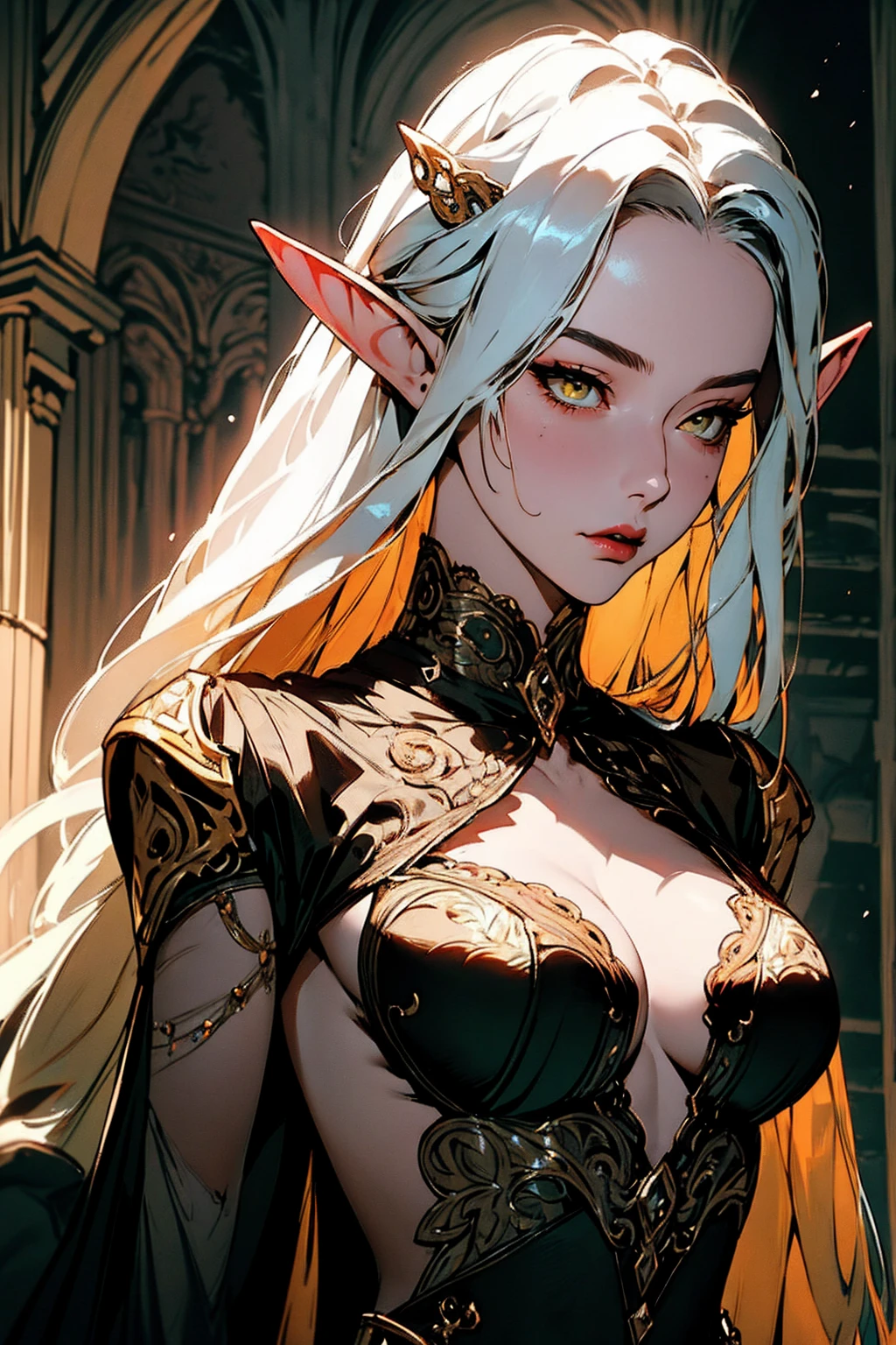 { - anatomy error}(Masterpiece - Ultra-detailed, very high resolution) Prepare to be enchanted by a true masterpiece that combines ultra-detailed art with high-resolution rendering. This work depicts a mesmerizing adult elf with long white hair (1.3) and captivating yellow eyes (1.2), emanating an aura of elegance and mystery in medieval settings. The intricate details and realistic textures invite you to explore every aspect of this enchanting composition. Woman wearing medieval elf costumes covering everything. Red lips. No cleavage. small breasts. NO CLEavage.  on your back, dynamic poses. Get ready to dive into a world where beauty and craftsmanship merge perfectly