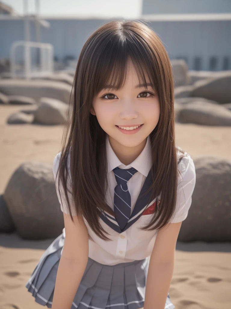 (1girl), kawaii, (round eyes:1.2), (highly detailed face and eyes), (big smile), Amazing face and eyes, (school uniform, pleated mini skirt:1.3), (Best Quality:1.4), (Ultra-detailed), (extremely detailed CG unified 8k wallpaper), Highly detailed, High-definition raw color photos, Professional Photography, Realistic portrait, summer, (beach), (fine face:1.2),