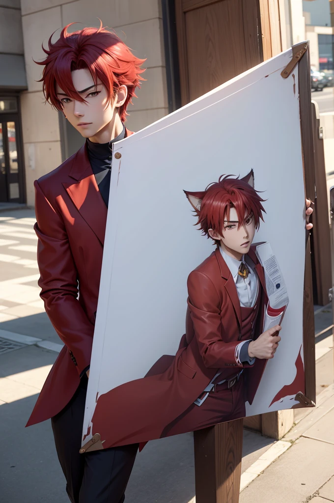 anime boy in red suit holding a large blank sign in front of his face, representation of a cute 2d anime boy, anime character, 2d anime style, 2d realistic anime style, male anime character, red cat ears, character anime style, anime soft cg art, erza scarlet as real person, subject action: holding a large blank sign, subject action: holding a large sign