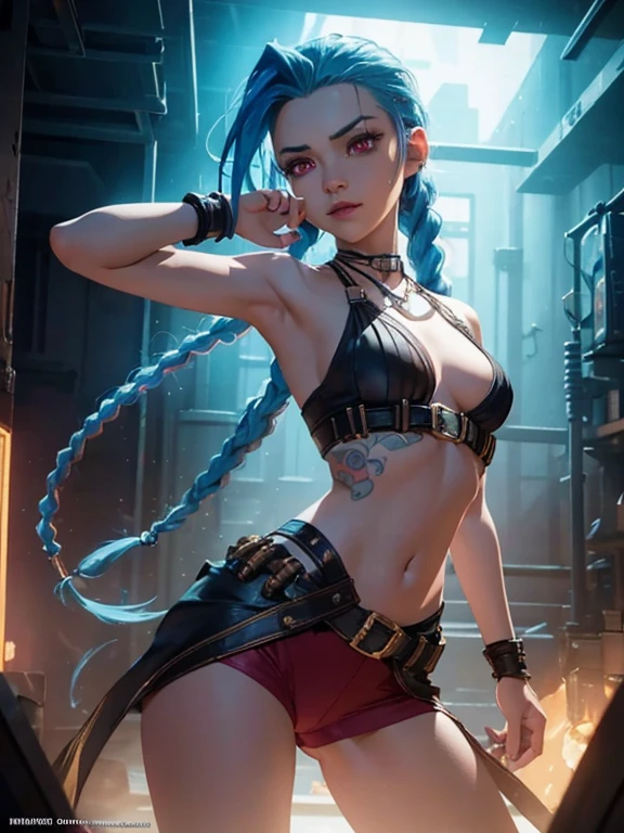 Cinematic illustration of Jinx in a dynamic pose and facing a wall, beautiful breasts, face detailed, details Intricate, elegant glowing skin, cinematic lighting, super detaill, the best quality, Masterpiece artwork, Mechanically correct, textured pixel, super detaill, High details, high qualiy, art station. fund, A cinematic ring.