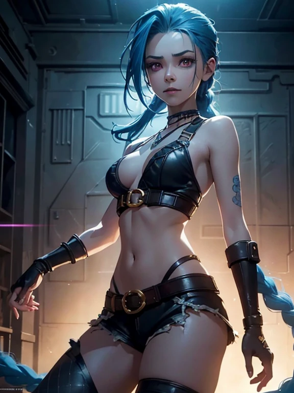 Cinematic illustration of Jinx in a dynamic pose and facing a wall, beautiful breasts, face detailed, details Intricate, elegant glowing skin, cinematic lighting, super detaill, the best quality, Masterpiece artwork, Mechanically correct, textured pixel, super detaill, High details, high qualiy, art station. fund, A cinematic ring.