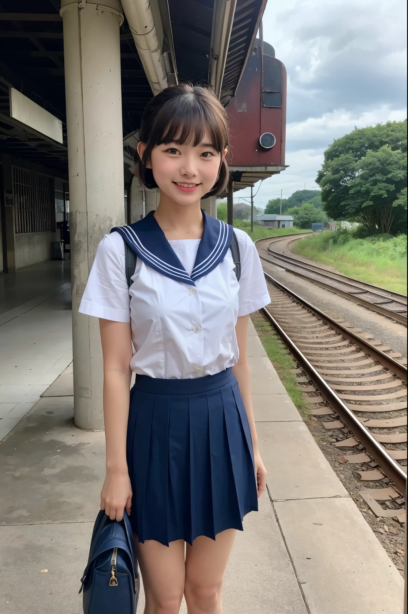 girl in rural railway station,train on far side,cumulonimbus cloud in summer sky,short-sleeved white shirt with sailor collar,navy blue pleated skirt,school bag,18-year-old,bangs,a little smile,thighs,knees,short hair with low pigtails bunches,from beside,front light