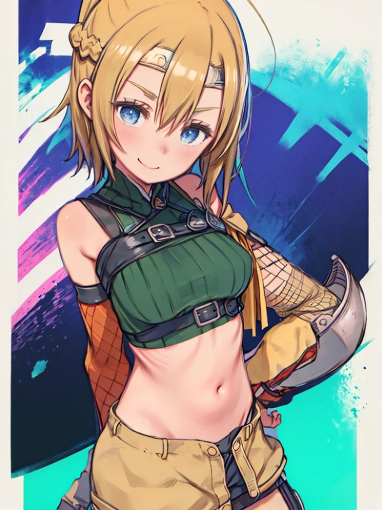 One Girl、Blonde Hair、ponytail、Hair between the eyes、Braid、blue eyes、Big Breasts、巨大なchest、 (No sleeve_タートルネックsweater、Tube top)、Green clothes、Shorts、Embarrassed、Smiling、belly button、chestの谷間、clavicle、head band,belly button,No sleeve,タートルネックNo sleeve タートルネック,alone,chest,View your viewers,smile,gloves,Crop top,Shorts,abdomen,armor,sweater,Open Fly,fingerless gloves,ribbed sweater,medium chest,Yuffie_Kisaragi_01 Girl,