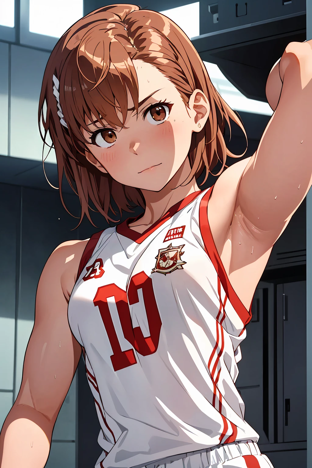 (Highest quality:1.5, High resolution, 超High resolution, 4K, Detailed lighting, Shaders), ((Misaka Mikoto)) ,Solo Shorthair Brown Hair Brown eyes Cool face ((Basketball Uniform))++ Realistic Gym Sweat Super fatty muscle Preparing for exercise No ball Sleeveless Cowboy shot, arms up Beautiful Armpits 腋Sweat Realistic locker room((((topless))))++ blush