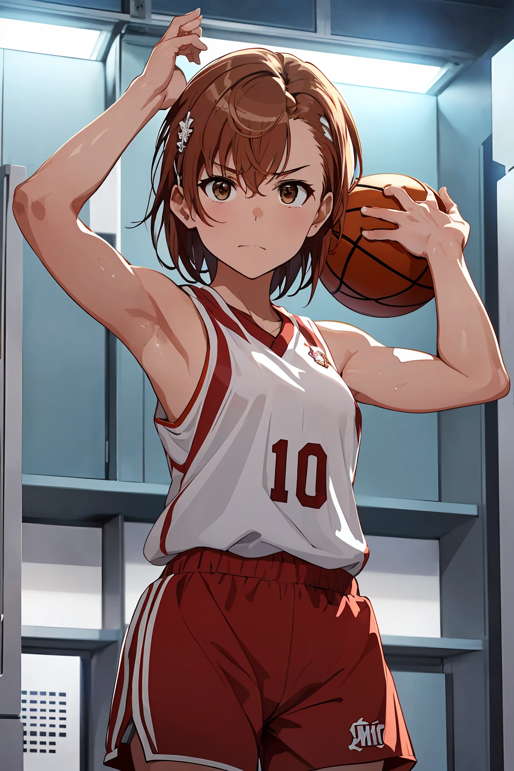 (Highest quality:1.5, High resolution, 超High resolution, 4K, Detailed lighting, Shaders), ((Misaka Mikoto)) ,Solo Shorthair Brown Hair Brown eyes Cool face ((Basketball Uniform))++ Realistic Gym Sweat Super fatty muscle Preparing for exercise No ball Sleeveless Cowboy shot, arms up Beautiful Armpits 腋Sweat Realistic locker room((((topless))))++ blush