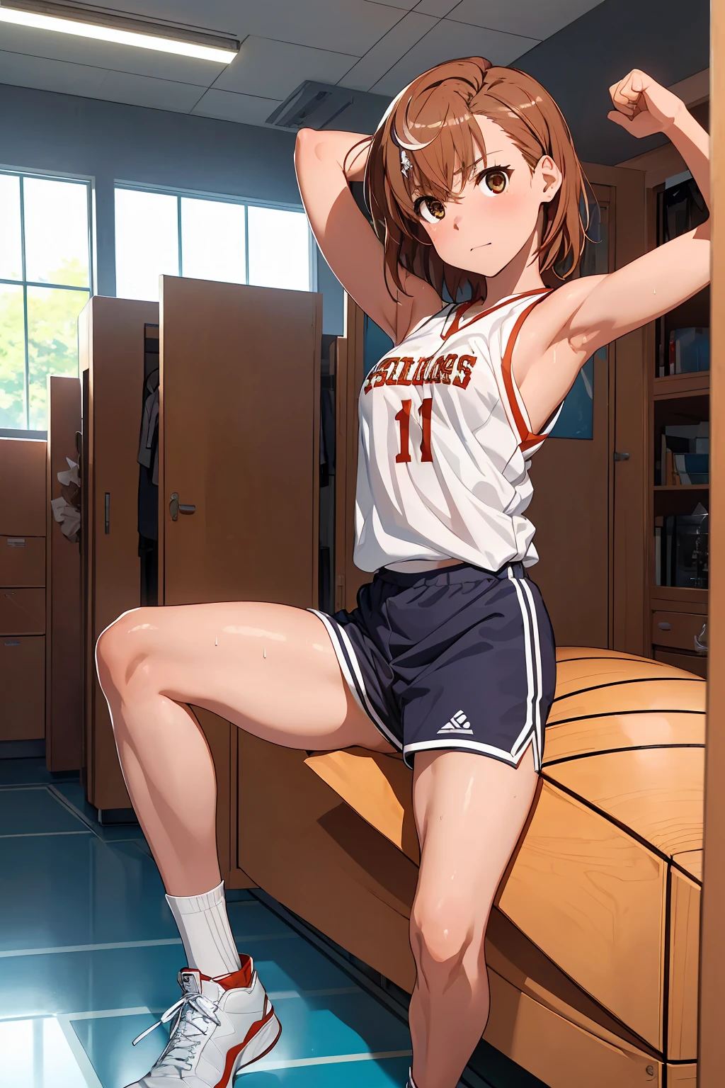 (Highest quality:1.5, High resolution, 超High resolution, 4K, Detailed lighting, Shaders), ((Misaka Mikoto)) ,Solo Shorthair Brown Hair Brown eyes Cool face ((Basketball Uniform))++ Realistic Gym Sweat Super fatty muscle Preparing for exercise No ball Sleeveless Cowboy shot, arms up Beautiful Armpits 腋Sweat Realistic locker room((((topless))))++ blush