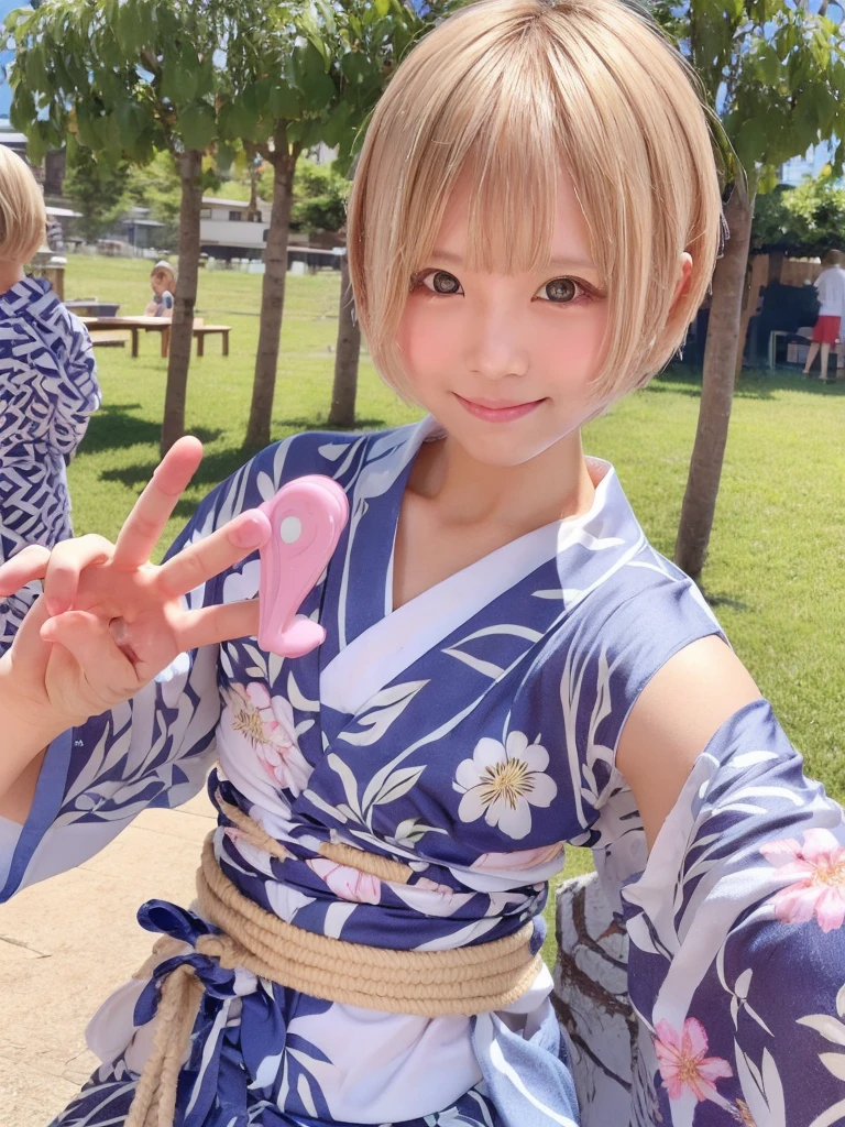 Cute Girls　Blonde short hair upper body　smile　bright　Summer festival yukata selfie