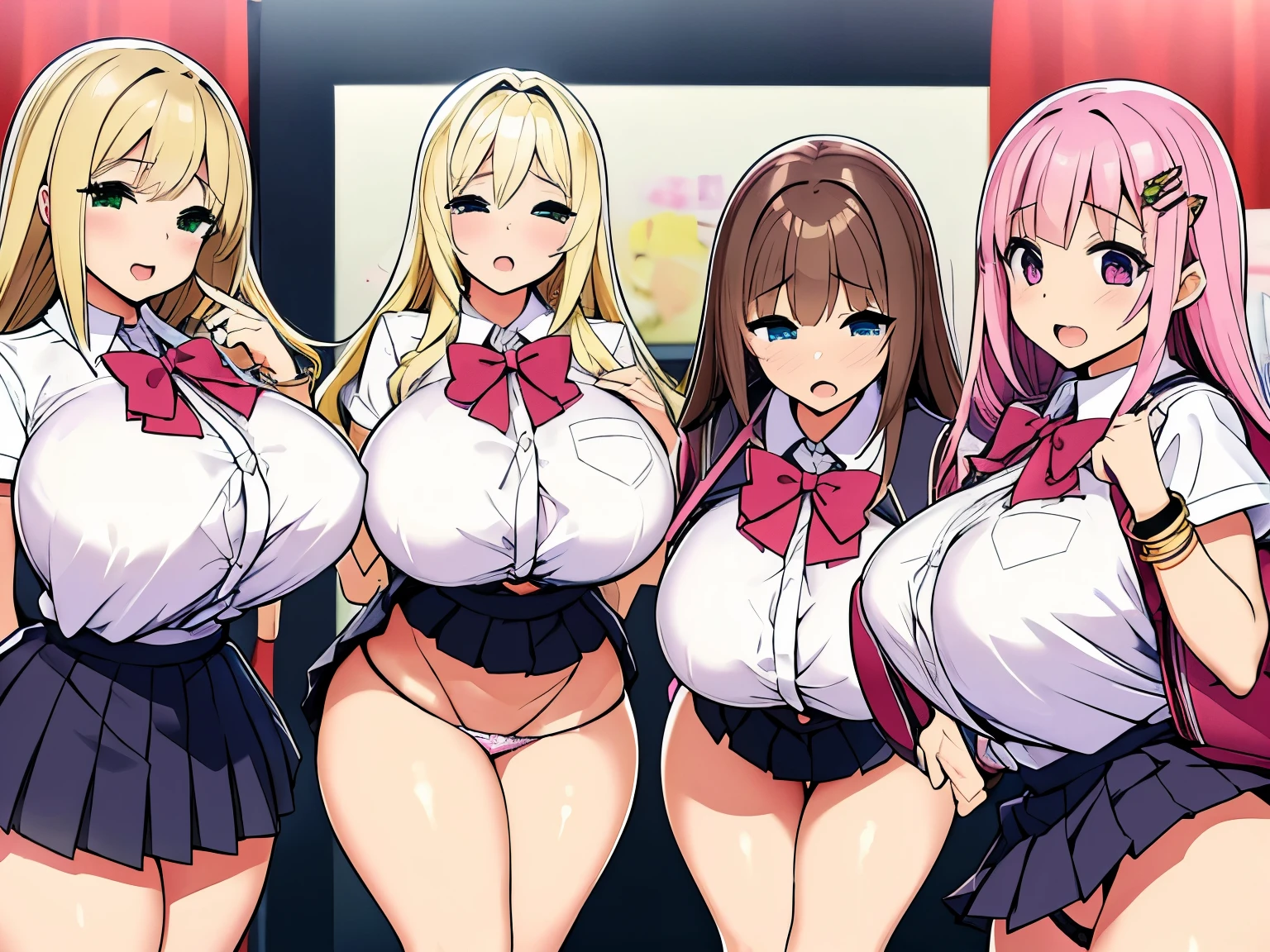 ((Ultra Detail Art)), ((master piece)), (extremely details CG),Multiple girls,3girls,harem , school gals ,school gyaru ,(((school unifrom))),skirt ,(((pleated mini skirt))), white shirt, school bag, bag , beautiful legs, beautiful eyes,wind lift, shot, show off pantithes pull, ((string panties),(why panties)),longir, bair, brown hair, pink hair, silver hair, Curve, Beautiful detailed eyes , gleaming skin, bracelet, ,hair ornament, hairclip, jewelry, open mouth ,light smile, embarrassed:1.4,