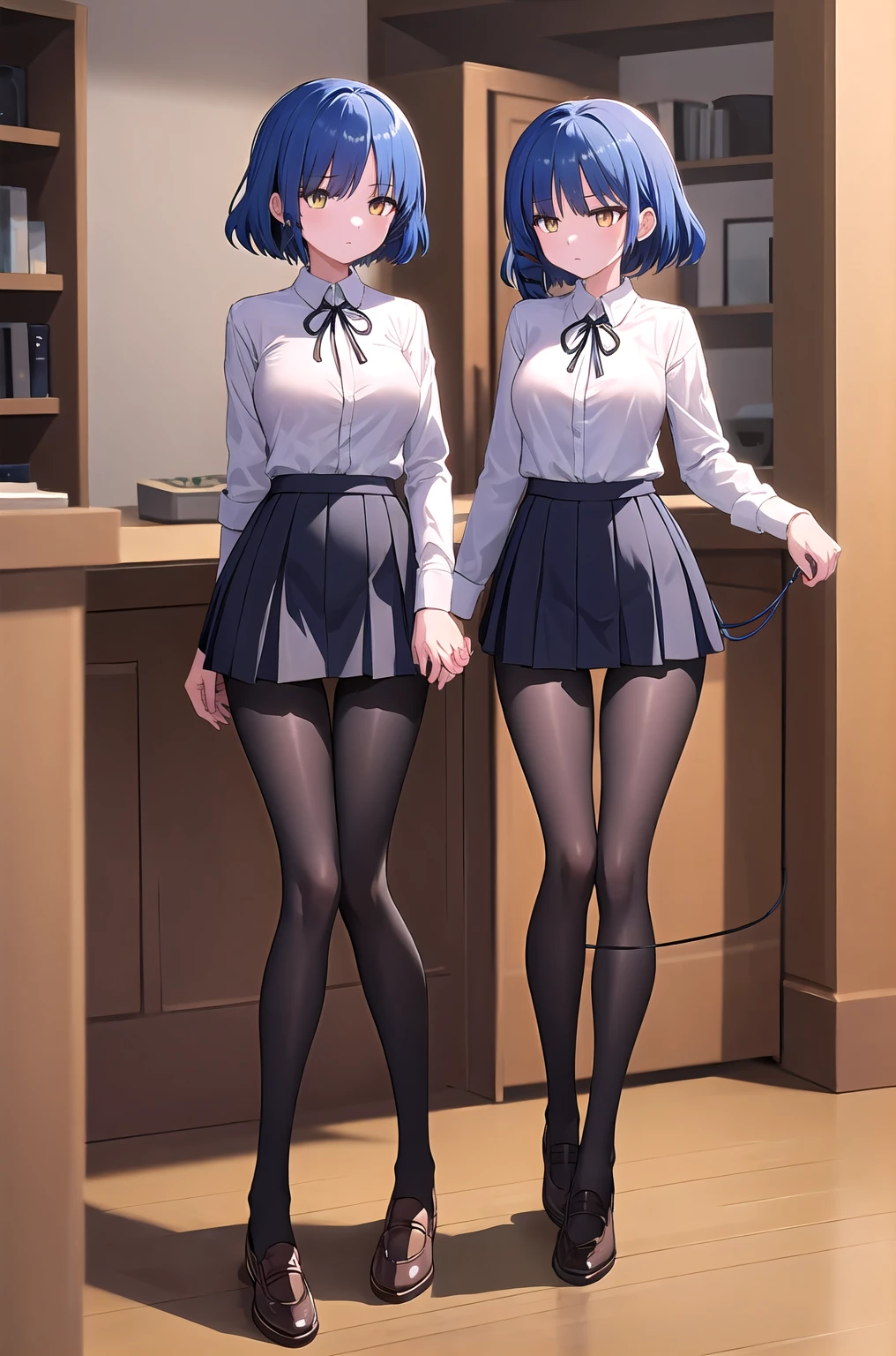 masterpiece, best quality, ultra-high-detailed, 1girl, white shirt, neck ribbon, short over long sleeves, pleated skirt, black pantyhose micro tanding、(Expressionless:1.3), Wide Hips, Thick thighs, (Thigh Gap:1.2), （Big Breasts:1.4),a room、（Wearing a collar）、（Being connected by a lead、）（squat:1.4)