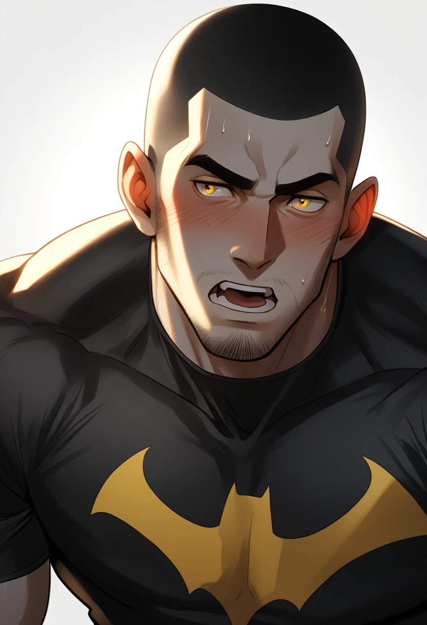 1muscular sportsman, Athlete,male focus, Buzz Cut, Yellow and black Batman tight T-shirt, one ,Very tight, muscular male, muscular, only, Upper body, alone, look to the side, short hair, stubble, sweat, black hair, Yellow eyes, open lips, White background, simple background, amazing quality, best aesthetics, Ridiculous, crew cut, moaning, blush, clair obscur, cinematic lighting, best quality, textured skin
