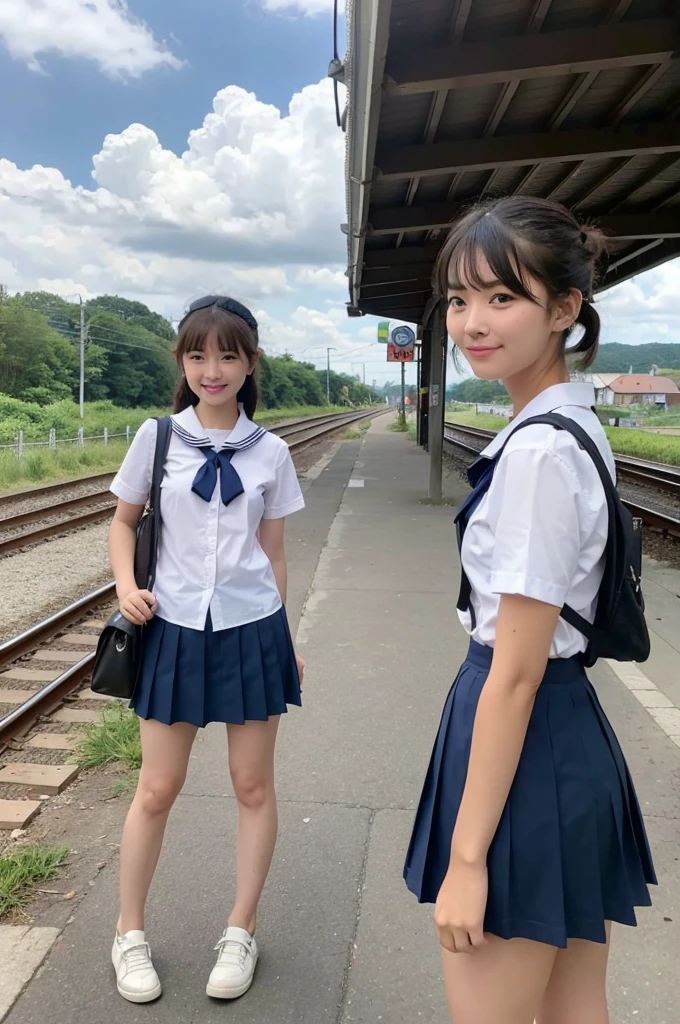 girls in rural railway station,train on far side,cumulonimbus cloud in summer sky,short-sleeved white shirt with sailor collar,navy blue pleated skirt,school bag,18-year-old,bangs,a little smile,thighs,knees,short hair with low pigtails bunches,from beside,front light