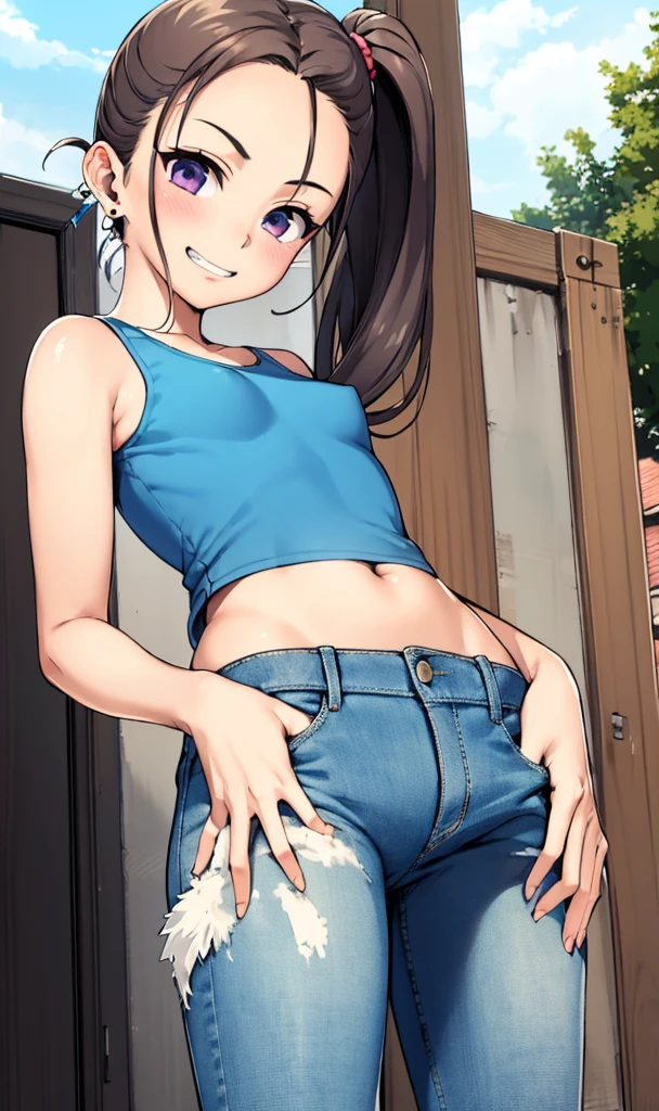 1girl, solo, detailed face, , , long hair,,,outdoor,standing,looking viewer,side ponytail,small breasts,,,,,,grin,earring,crop top,,jeans