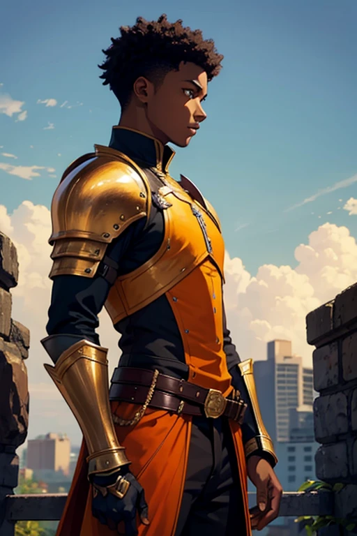 a young African man with short brown hair and orange eyes , medium clothes , knight gauntlets, profile drawing 