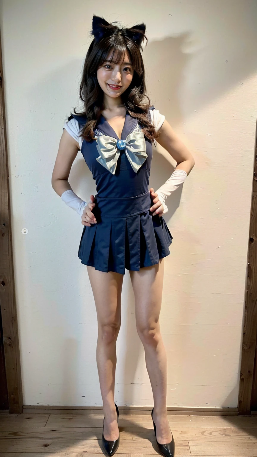 (8K、RAW Photos、Highest quality、masterpiece:1.2)、(Realistic、Realistic)、1 Girl、((Sailor Moon Costume:1.2、Thin legs、whole body、View from the front、smile、Looking into the camera、Stand with hands on hips))、cute