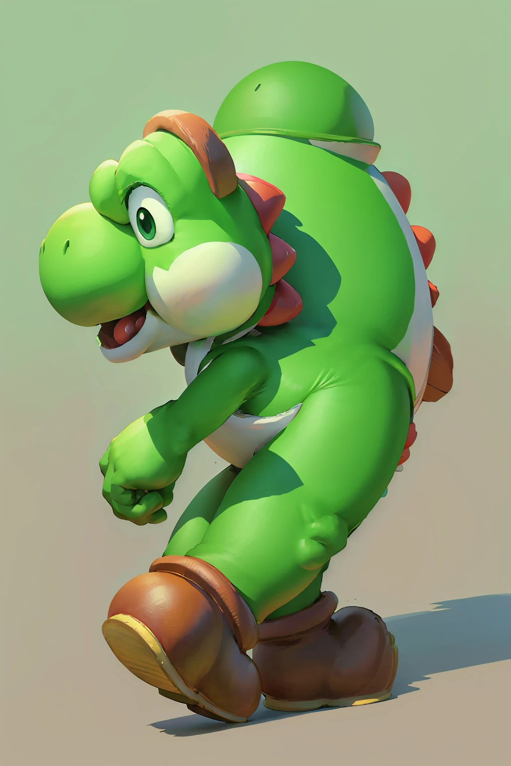 Green dinosaur, with boots, big nose, big eyes, long tail, character from Mario Bros, Nintendo, stands happy, looking at the viewer,
