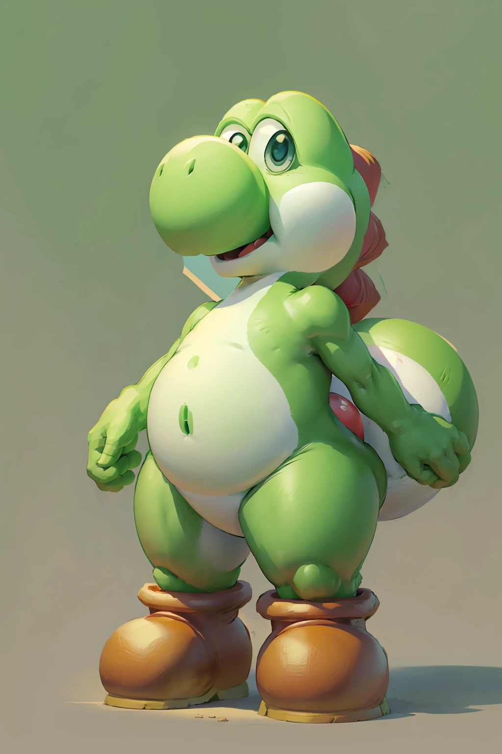 Green dinosaur, with boots, big nose, big eyes, long tail, character from Mario Bros, Nintendo, stands happy, looking at the viewer,
