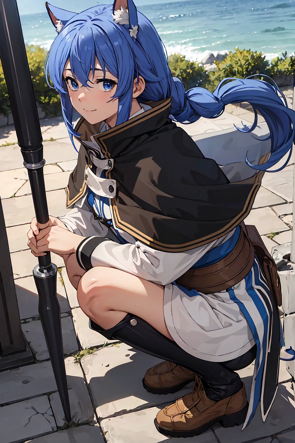 (Highest quality:1.5, High resolution, 超High resolution, 4K, Detailed lighting, Shaders)One Girl, Roxy Migurdia, witch Hat, blue eyes, Blue Hair, Twin Blade, Twin tails, (Brown coat:1.1), Cape, Robe, Braided Ponytail, Knee Boots, witch, Holding, , Black socks, ヘアribbon, ribbon, View your audience, socks, smile, Mouth closed, plein air, sun,, (Tabletop:1.2), High resolution, Highest quality, 8K, Very very clear(((,Squat Panty shot)))++ Beautiful legs1人, Roxy Migurdia, witch Hat, blue eyes, Blue Hair, Twin Blade, Twin tails, (Brown coat:1.1), Cape, Robe, Braided Ponytail, Knee Boots, witch, Holding, , Black socks, ヘアribbon, ribbon, View your audience, socks, smile, Mouth closed, plein air, sun,, (Tabletop:1.2), High resolution, Highest quality, 8K, Very very clear(((,Squat Panty shot)))++ Beautiful legs