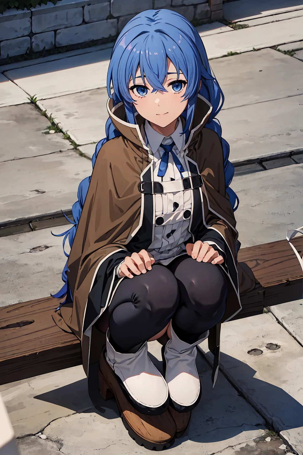 (Highest quality:1.5, High resolution, 超High resolution, 4K, Detailed lighting, Shaders)One Girl, Roxy Migurdia, witch Hat, blue eyes, Blue Hair, Twin Blade, Twin tails, (Brown coat:1.1), Cape, Robe, Braided Ponytail, Knee Boots, witch, Holding, , Black socks, ヘアribbon, ribbon, View your audience, socks, smile, Mouth closed, plein air, sun,, (Tabletop:1.2), High resolution, Highest quality, 8K, Very very clear(((,Squat　Panty shot)))++　　Beautiful legs1人, Roxy Migurdia, witch Hat, blue eyes, Blue Hair, Twin Blade, Twin tails, (Brown coat:1.1), Cape, Robe, Braided Ponytail, Knee Boots, witch, Holding, , Black socks, ヘアribbon, ribbon, View your audience, socks, smile, Mouth closed, plein air, sun,, (Tabletop:1.2), High resolution, Highest quality, 8K, Very very clear(((,Squat　Panty shot)))++　　Beautiful legs