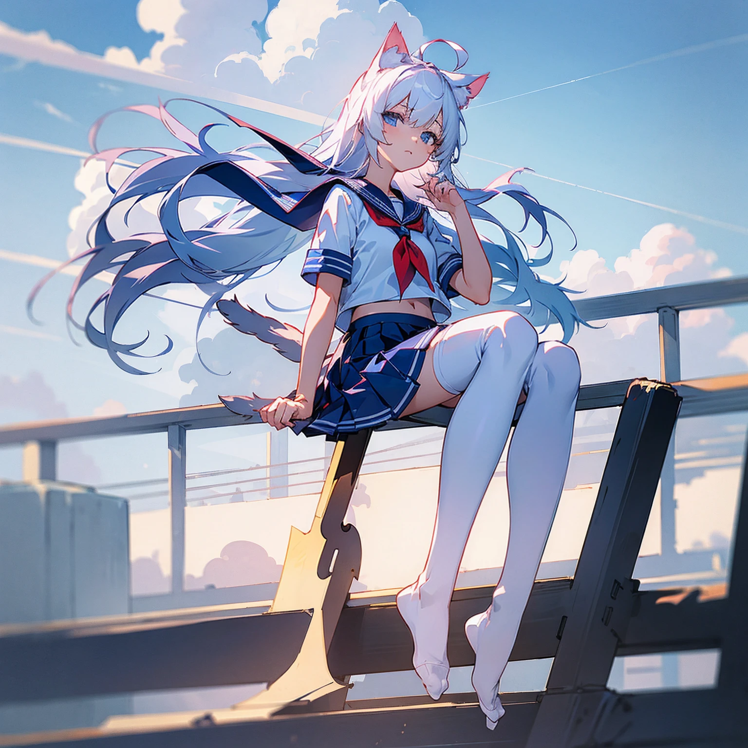 ((masterpiece, best quality)),a girl, solo, skirt, sky, sitting, thigh high socks, serafuku, cloud,outdoors, neckerchief ,day, bangs, fence, shirt, ahoge, rooftop, long hair, white thigh high socks,white hair, white , white sailor collar,blue eyes, sailor collar, navy blue skirt, red neckerchief, white serafuku, animal ears, animal tail, no human ears, blue sky,white shirt, looking at viewer, closed mouth,cat ears, navy blue skirt, cloudy sky, pleated,no shoes,full body,landscape,city