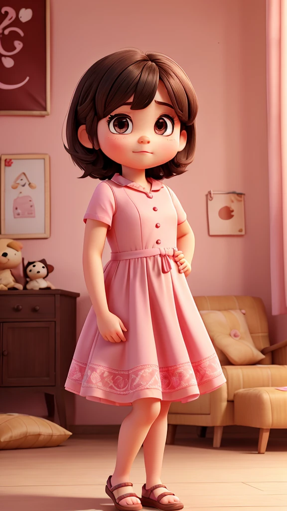 , 1 year, chubby,  complained, stretched eye, small eye, dark hair, very short hair, thinning hair, skin fair, pink dress, rolled dress, sapatos brancos, 