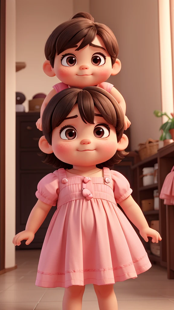 , 1 year, chubby,  complained, stretched eye, small eye, dark hair, very short hair, thinning hair, skin fair, pink dress, rolled dress, sapatos brancos, 