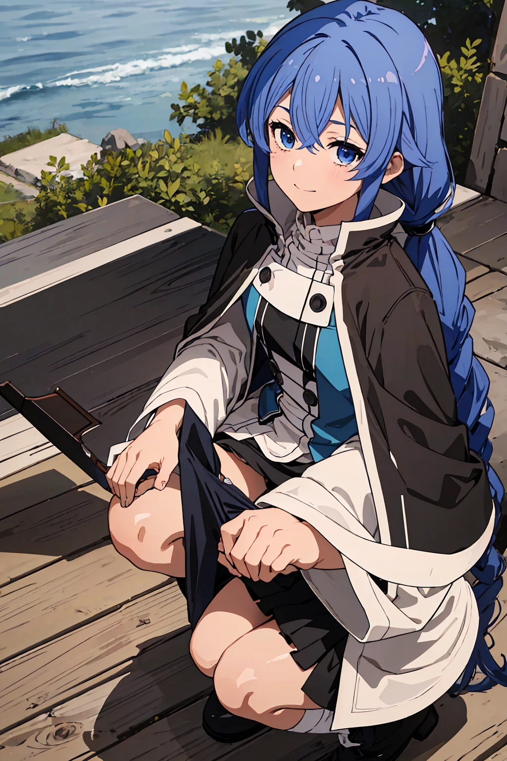(Highest quality:1.5, High resolution, 超High resolution, 4K, Detailed lighting, Shaders)One Girl, Roxy Migurdia, witch Hat, blue eyes, Blue Hair, Twin Blade, Twin tails, (Brown coat:1.1), Cape, Robe, Braided Ponytail, Knee Boots, witch, Holding, , Black socks, ヘアribbon, ribbon, View your audience, socks, smile, Mouth closed, plein air, sun,, (Tabletop:1.2), High resolution, Highest quality, 8K, Very very clear(((,Squat　Panty shot)))++　　Beautiful legs1人, Roxy Migurdia, witch Hat, blue eyes, Blue Hair, Twin Blade, Twin tails, (Brown coat:1.1), Cape, Robe, Braided Ponytail, Knee Boots, witch, Holding, , Black socks, ヘアribbon, ribbon, View your audience, socks, smile, Mouth closed, plein air, sun,, (Tabletop:1.2), High resolution, Highest quality, 8K, Very very clear(((,Squat　Panty shot)))++　　Beautiful legs