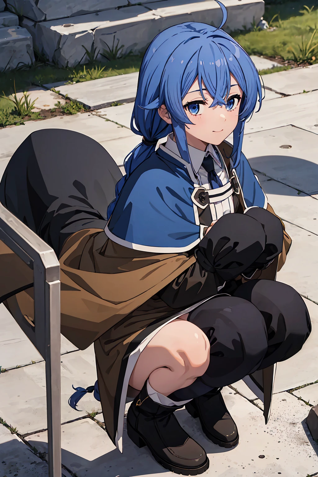 (Highest quality:1.5, High resolution, 超High resolution, 4K, Detailed lighting, Shaders)One Girl, Roxy Migurdia, witch Hat, blue eyes, Blue Hair, Twin Blade, Twin tails, (Brown coat:1.1), Cape, Robe, Braided Ponytail, Knee Boots, witch, Holding, , Black socks, ヘアribbon, ribbon, View your audience, socks, smile, Mouth closed, plein air, sun,, (Tabletop:1.2), High resolution, Highest quality, 8K, Very very clear(((,Squat　Panty shot)))++　　Beautiful legs1人, Roxy Migurdia, witch Hat, blue eyes, Blue Hair, Twin Blade, Twin tails, (Brown coat:1.1), Cape, Robe, Braided Ponytail, Knee Boots, witch, Holding, , Black socks, ヘアribbon, ribbon, View your audience, socks, smile, Mouth closed, plein air, sun,, (Tabletop:1.2), High resolution, Highest quality, 8K, Very very clear(((,Squat　Panty shot)))++　　Beautiful legs