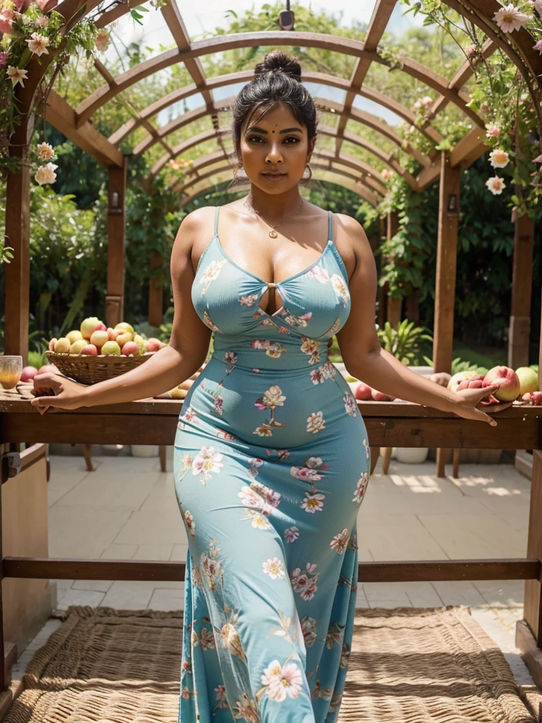 Sri lankan aunty 45 years old curvy body sexy figure fat hairbun wearing flower pattern tight long dress at apple gardern plucking apples