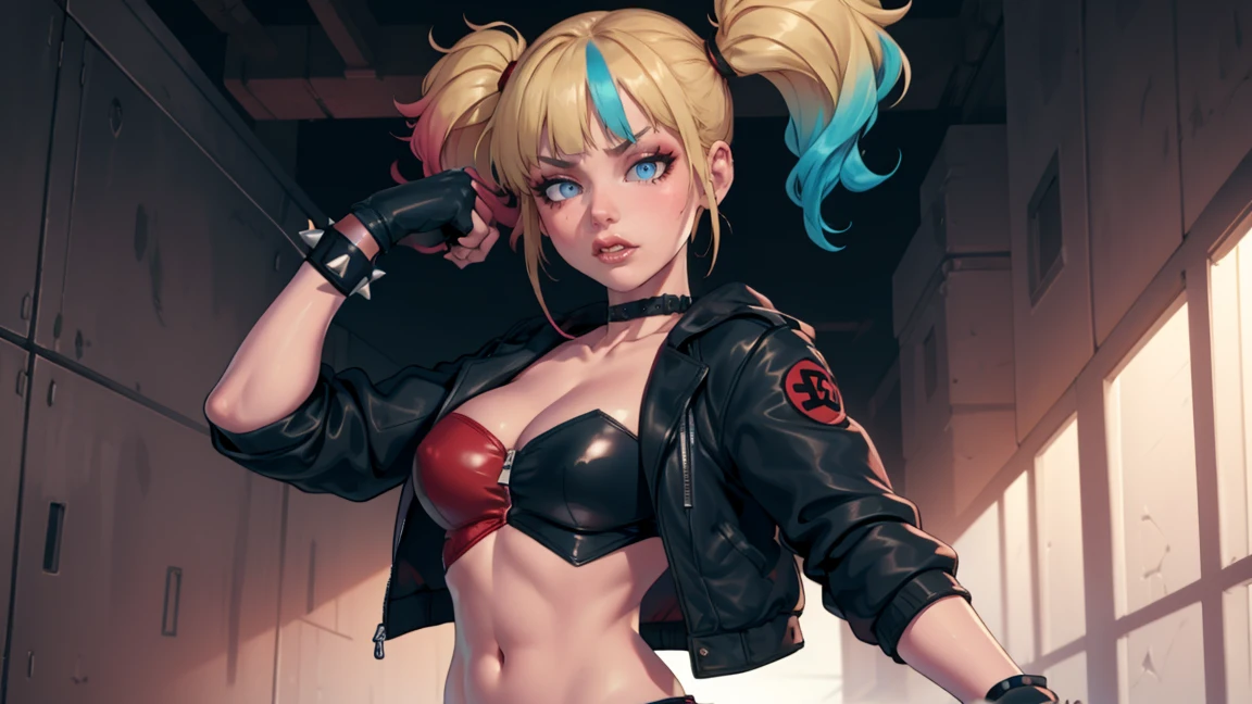 work of art, best qualityer, ultra detali), dynamic pose, dynamic lighting, Looking at Viewer, Linda, ultra realistic,32k, work of art:1.2),(highly detailed skin:1.1),( 8k hd, dslr, high qualiy:1.1), perfect body,harley quinn, bangs, blue eyes, blonde hair, twintails, blue hair, multicolored hair, choker, gradient hair, makeup, piercing, pink hair, lips, lipstick, red lips, thighhighs, gloves, navel, cleavage, jewelry, jacket, open clothes, shorts, black gloves, midriff, black thighhighs, fingerless gloves, collar, bracelet, open jacket, black jacket, crop top, torn clothes, short shorts, tattoo, chain, spikes, cropped jacket, spiked bracelet, spiked collar, micro shorts, multicolored jacket,(melhor iluminação), ((iluminação cinematográfica)),ângulo sugestivo,iluminação sexy, riso confiante,de cima:1.2 , deitada,vista de costas olhando para o viewer,very cute, pose sugestiva, pose dinâmica