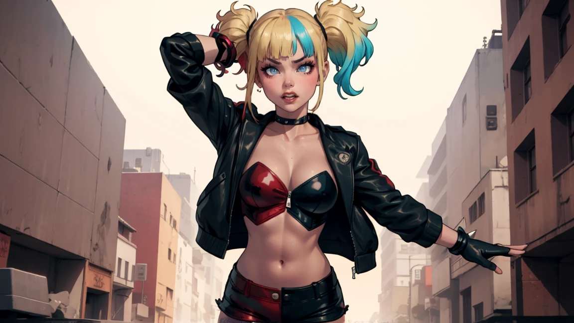 work of art, best qualityer, ultra detali), dynamic pose, dynamic lighting, Looking at Viewer, Linda, ultra realistic,32k, work of art:1.2),(highly detailed skin:1.1),( 8k hd, dslr, high qualiy:1.1), perfect body,harley quinn, bangs, blue eyes, blonde hair, twintails, blue hair, multicolored hair, choker, gradient hair, makeup, piercing, pink hair, lips, lipstick, red lips, thighhighs, gloves, navel, cleavage, jewelry, jacket, open clothes, shorts, black gloves, midriff, black thighhighs, fingerless gloves, collar, bracelet, open jacket, black jacket, crop top, torn clothes, short shorts, tattoo, chain, spikes, cropped jacket, spiked bracelet, spiked collar, micro shorts, multicolored jacket,(melhor iluminação), ((iluminação cinematográfica)),ângulo sugestivo,iluminação sexy, riso confiante,de cima:1.2 , deitada,vista de costas olhando para o viewer,very cute, pose sugestiva, pose dinâmica