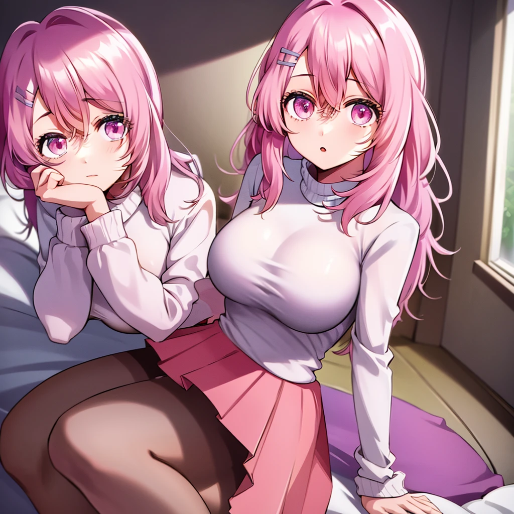 A beautiful young girl from the anime Oshi no Ko universe, , she have long wavy pink hair with purple eyes with star in her pupils she wear casual clothes like a sweater too long for her, a skirt and stocking, she is in her bed room sitting on her bed in front of us, she have a enormous chest