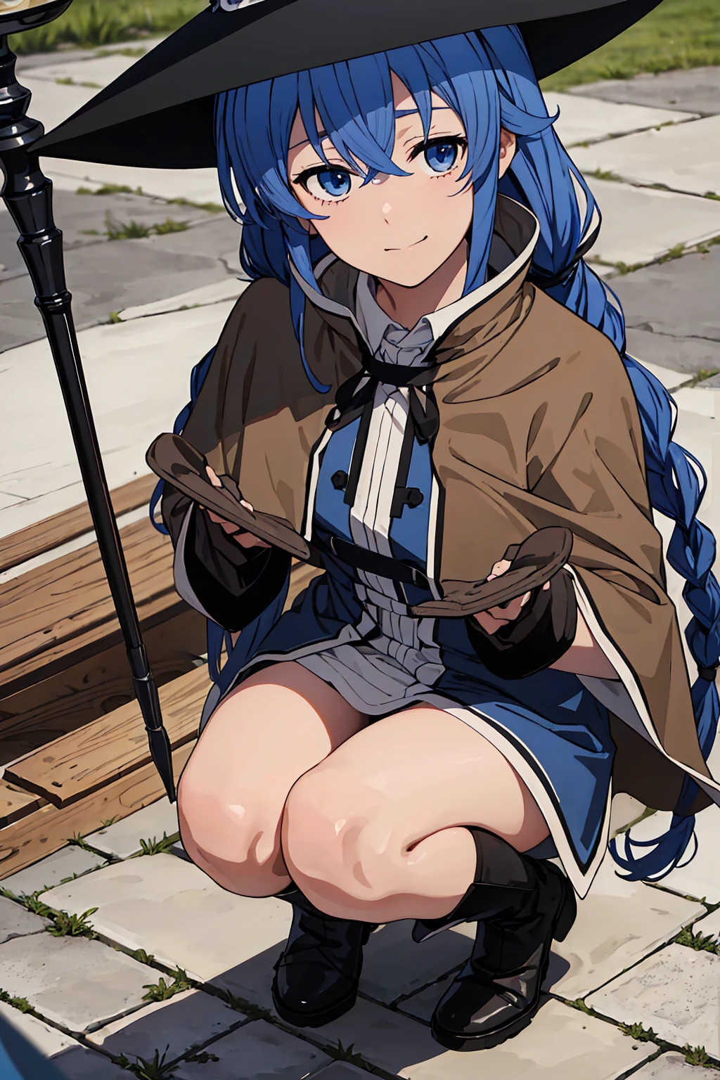 (Highest quality:1.5, High resolution, 超High resolution, 4K, Detailed lighting, Shaders)One Girl, Roxy Migurdia, witch Hat, blue eyes, Blue Hair, Twin Blade, Twin tails, (Brown coat:1.1), Cape, Robe, Braided Ponytail, Knee Boots, witch, Holding, , Black socks, ヘアribbon, ribbon, View your audience, socks, smile, Mouth closed, plein air, sun,, (Tabletop:1.2), High resolution, Highest quality, 8K, Very very clear(((,Squat Panty shot)))++ Beautiful legs1人, Roxy Migurdia, witch Hat, blue eyes, Blue Hair, Twin Blade, Twin tails, (Brown coat:1.1), Cape, Robe, Braided Ponytail, Knee Boots, witch, Holding, , Black socks, ヘアribbon, ribbon, View your audience, socks, smile, Mouth closed, plein air, sun,, (Tabletop:1.2), High resolution, Highest quality, 8K, Very very clear(((,Squat Panty shot)))++ Beautiful legs