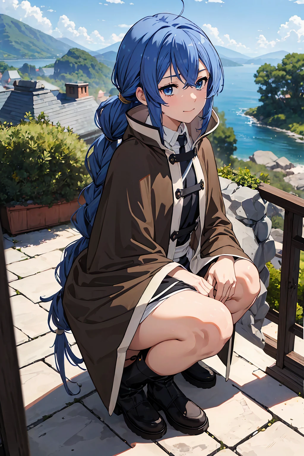 (Highest quality:1.5, High resolution, 超High resolution, 4K, Detailed lighting, Shaders)One Girl, Roxy Migurdia, witch Hat, blue eyes, Blue Hair, Twin Blade, Twin tails, (Brown coat:1.1), Cape, Robe, Braided Ponytail, Knee Boots, witch, Holding, , Black socks, ヘアribbon, ribbon, View your audience, socks, smile, Mouth closed, plein air, sun,, (Tabletop:1.2), High resolution, Highest quality, 8K, Very very clear(((,Squat　Panty shot)))++　　Beautiful legs1人, Roxy Migurdia, witch Hat, blue eyes, Blue Hair, Twin Blade, Twin tails, (Brown coat:1.1), Cape, Robe, Braided Ponytail, Knee Boots, witch, Holding, , Black socks, ヘアribbon, ribbon, View your audience, socks, smile, Mouth closed, plein air, sun,, (Tabletop:1.2), High resolution, Highest quality, 8K, Very very clear(((,Squat　Panty shot)))++　　Beautiful legs
