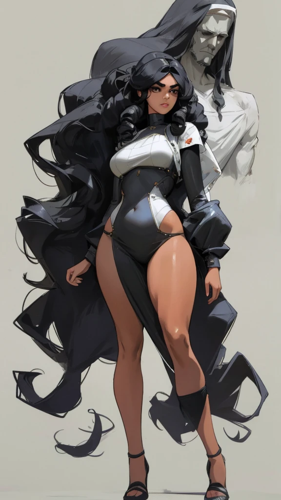 A 24-year-old woman with a full-body, ultra-realistic 8K portrait is walking down the street. She has a small face with small, intense black eyes, thick eyebrows, a small and thin mouth, and slightly bronzed skin. Her long, heavy, and curly black hair cascades down. She has large busts and thick legs. Standing at 1.57m tall, she has a beautiful and intimidating presence. Behind her, Jesus is depicted watching over her, protecting her from surrounding demons.