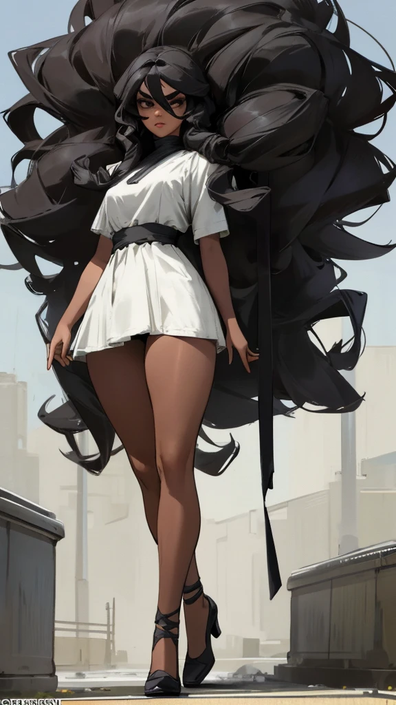 A 24-year-old woman with a full-body, ultra-realistic 8K portrait is walking down the street. She has a small face with small, intense black eyes, thick eyebrows, a small and thin mouth, and slightly bronzed skin. Her long, heavy, and curly black hair cascades down. She has large busts and thick legs. Standing at 1.57m tall, she has a beautiful and intimidating presence. Behind her, Jesus is depicted watching over her, protecting her from surrounding demons.
